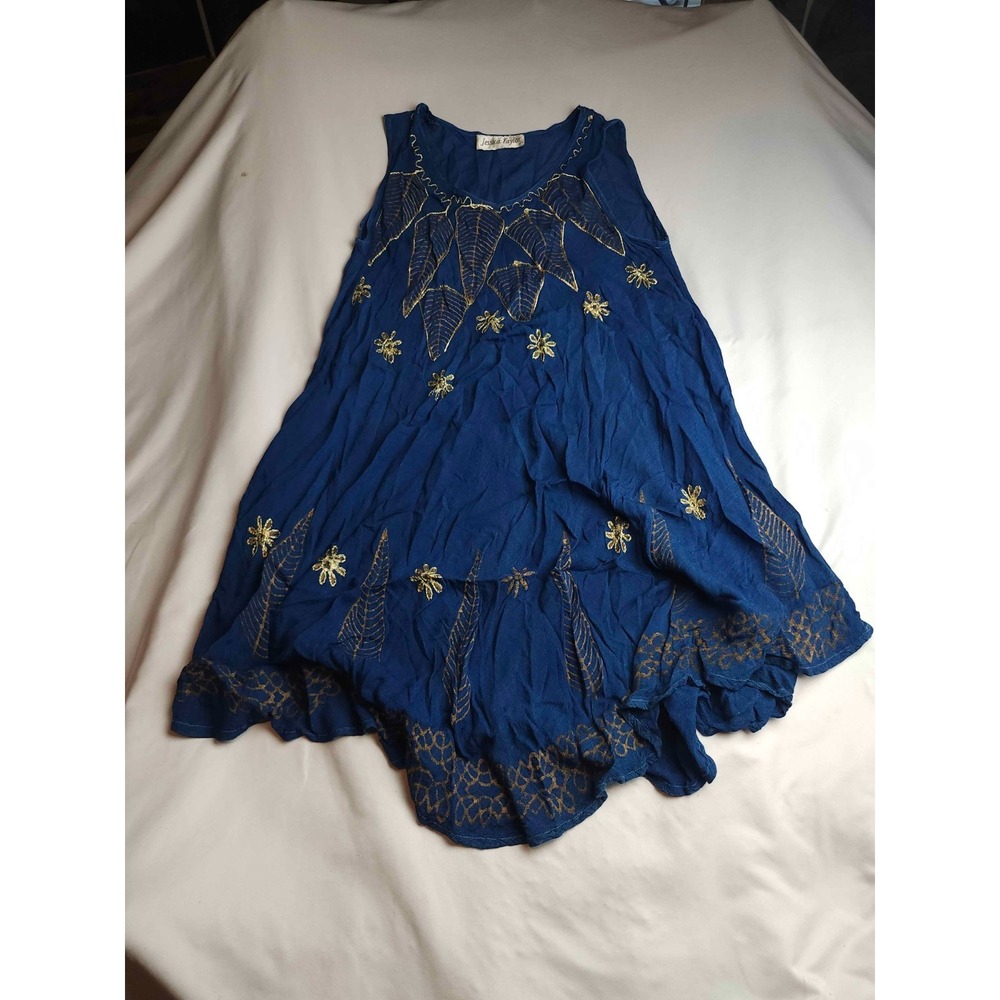 Jessica Taylor Swing Dress Womens Medium Blue Gold Floral Embroidered Sleeveless